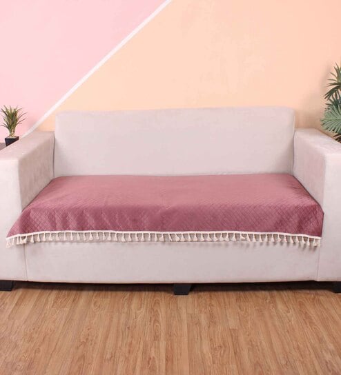 Peach Solid Velvet 3 Seater Quilted Sofa Cover (Protector) with Tassel