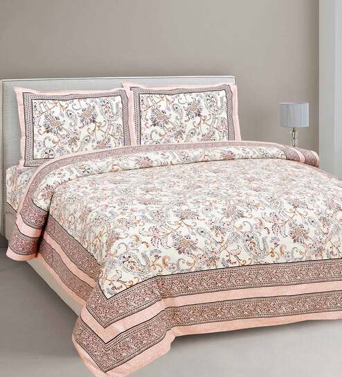 Peach Traditional TC 210 Cotton Double Bed Sheet With 2 Pillow Covers