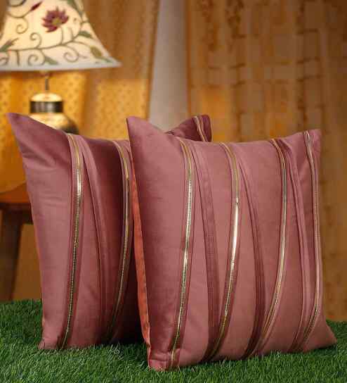 Peach Velvet Striped 16X16 Inches Cushion Covers (Pack of 2)