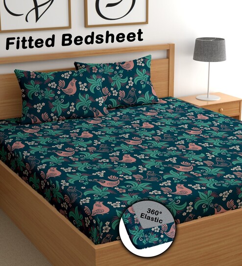 Peacock 180 TC Floral Cotton Fitted Double Bedsheet 2 Pillow covers