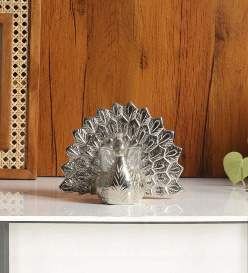 Peacock Aluminum Silver Candle Stand