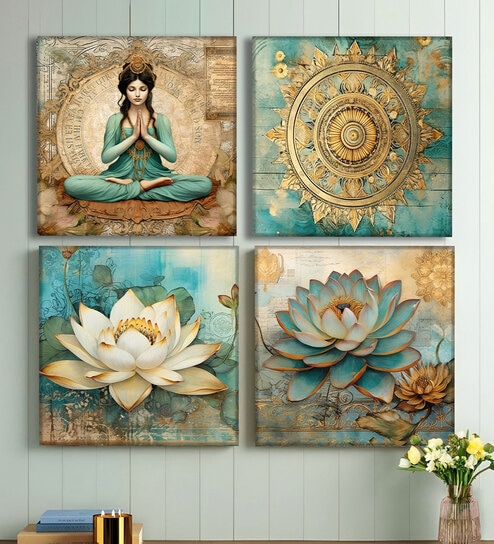 (Pack Of 4) Multicolor Canvas Spiritual Meditation Wall Art Panels