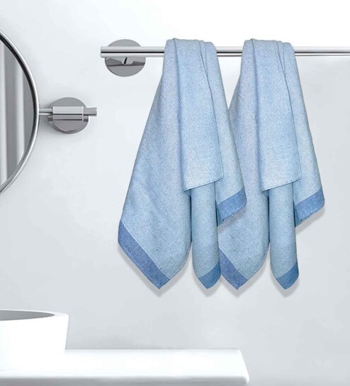 Peacock Blue Cotton Striped 220 GSM Bath Towels 2 Pc