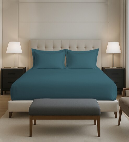 Peacock Blue Solid 400 TC Cotton King Sized Fitted sheet with 2 Pillow Covers