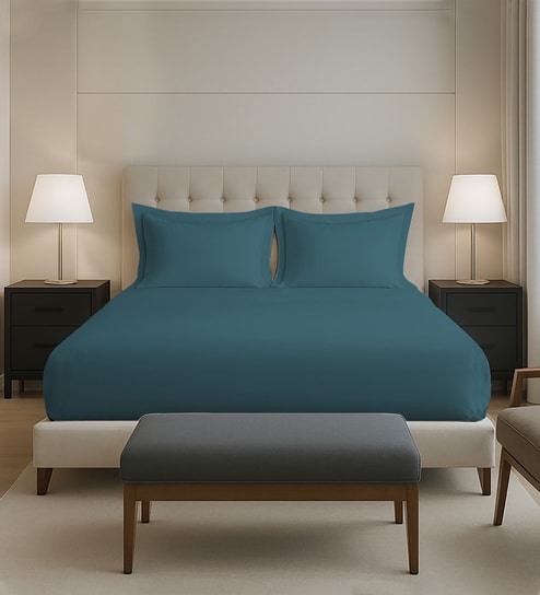 Peacock Blue Solid 400 TC Cotton Queen Sized Fitted sheet with 2 Pillow Covers
