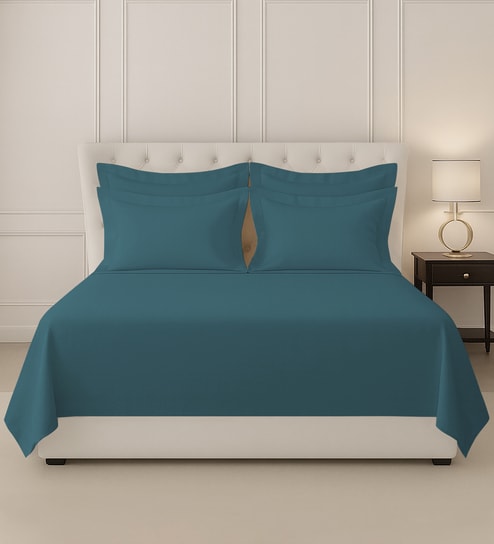Peacock Blue Solid 400 TC Cotton Super King Sized Bedsheet with 4 Pillow Covers