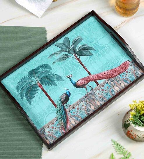 Peacock Brown Teak Wood & MDF Serving Tray Reinvention factory