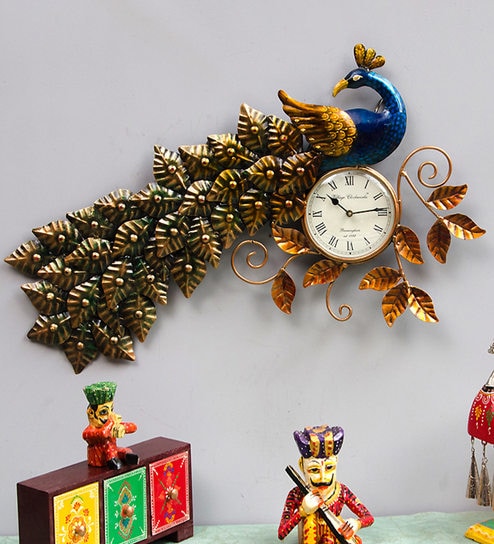 Blue Iron Peacock Feather Traditional Wall Clock