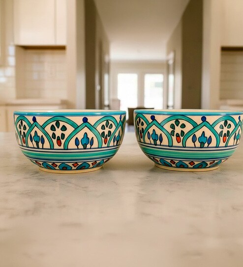 Peacock Feather Motif Big Ceramic Bowl Set of 2(750ml Each)