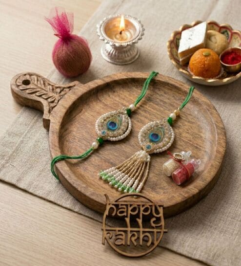 Peacock Green Lumba Rakhi Set With Roli Chawal and Nariyal With Gift Box-image-10