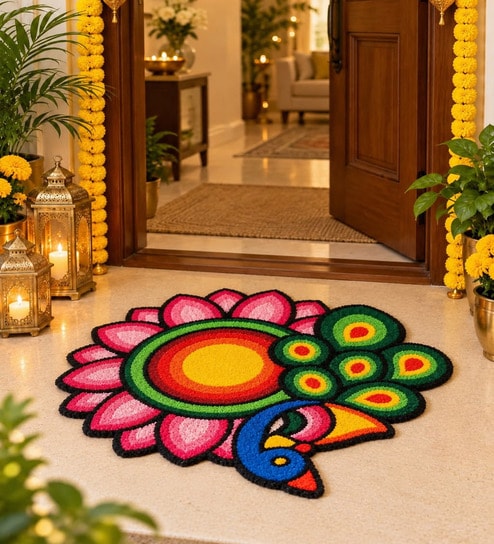 Peacock and Floral Handmade Rangoli Door Mat