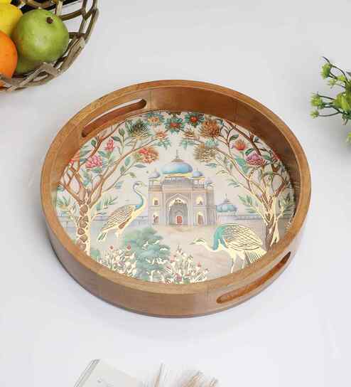 Peacock Palace Round Tray   Mughal-Inspired Art- Large (1 Piece)