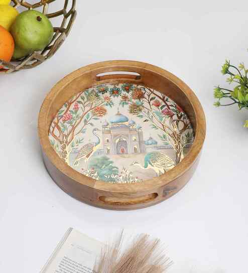 Peacock Palace Round Tray   Mughal-Inspired Art- Small (1 Piece)