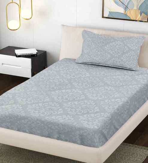 Pearl Grey Ethnic 300 TC Cotton Blend Embossed Single Bedsheet with 1 Pillow Cover