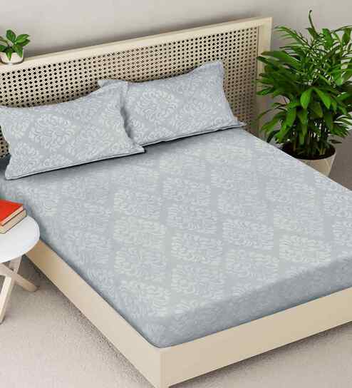 Pearl Grey Ethnic 300 TC Cotton Blend King Size Fitted Embossed Double Bedsheet with 2 Pillow Covers