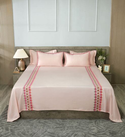 Peony Blush 300TC 100% Cotton Solids Flat Embroidered Super King Bedsheet With 2 Pillow Covers