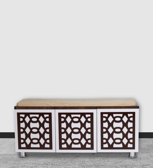 Pepper Shoe Rack with Seating in Brown Teak & White Finish