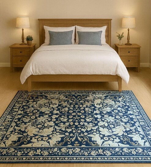 Blue Persian Printed Polyester 5 X 7 ft Machine Made Carpet
