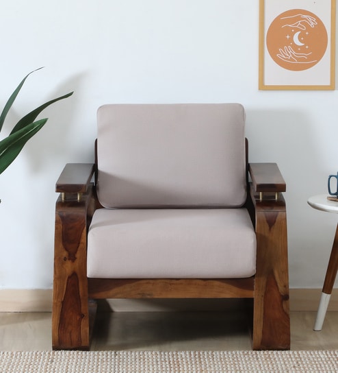 Petra Sheesham Wood 1 Seater Sofa In Beige Colour