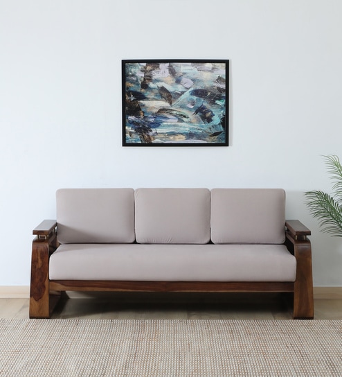 Petra Sheesham Wood 3 Seater Sofa In Beige Colour