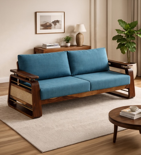 Petra Sheesham Wood 3 Seater Sofa In Blue Colour