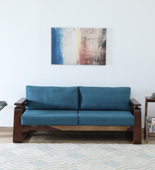 Petra Sheesham Wood 3 Seater Sofa In Blue Colour