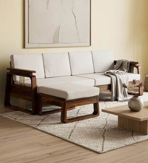 Petra Sheesham Wood LHS Sectional Sofa In Beige Colour