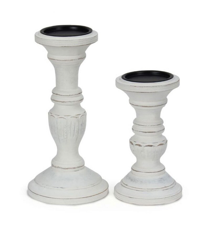 Pebbleyard Wooden White Distressed Finish Candle Holders ...