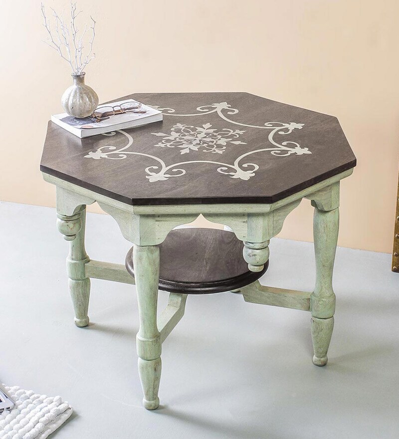 Buy Persian Hand Painted Coffee Table in Walnut & Green Wash Finish by
