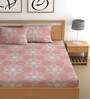 Peach 180 TC Floral Cotton Fitted Double Bedsheet 2 Pillow covers