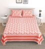Peach Floral 144 TC Cotton King Bedsheet and 2 Pillow Cover