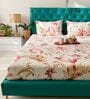 Peach Floral 200 TC Cotton King Sized Fitted Bedsheet with 2 Pillow Covers