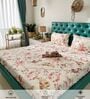 Peach Floral 200 TC Cotton King Sized Fitted Bedsheet with 2 Pillow Covers