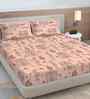 Peach Floral 300 TC Cotton Blend King Size Fitted Double Bedsheet with 2 Pillow Covers