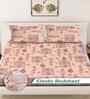 Peach Floral 300 TC Cotton Blend King Size Fitted Double Bedsheet with 2 Pillow Covers