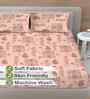 Peach Floral 300 TC Cotton Blend King Size Fitted Double Bedsheet with 2 Pillow Covers