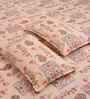 Peach Floral 300 TC Cotton Blend King Size Fitted Double Bedsheet with 2 Pillow Covers