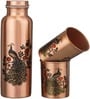 Peacock Design 1 Ltr Leak Proof Pure Copper Water Bottle Set with 2 Glasses