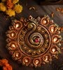 Peacock Terracotta 9 Diya Plate (Gold)