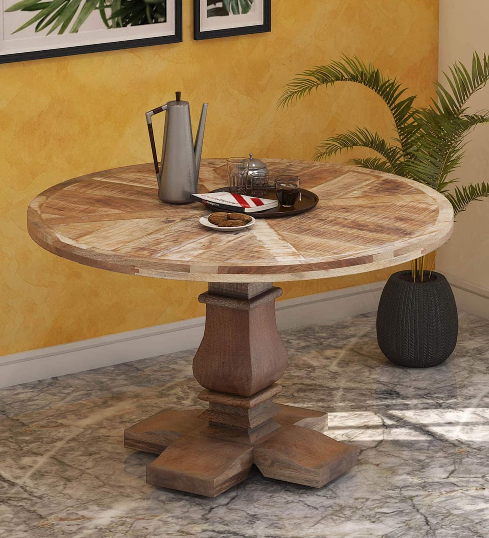 Buy Burscott Solid Wood 4 Seater Round Dining Table In Rustic Teak   Philippe Solid Wood Four Seater Round Dining Table In Rustic Teak Finish By Amberville Philippe Soli Rw98r2 