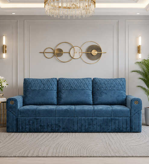 Phoenix Sal Wood  3 Seater Sofa Cum Bed In Blue Colour