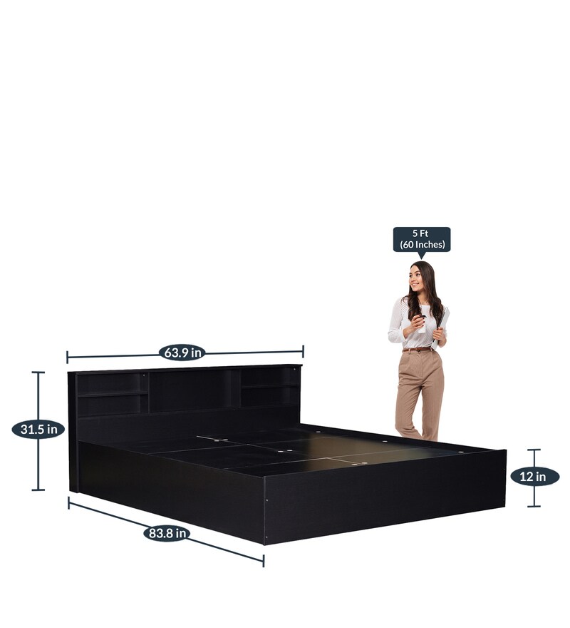 Buy Pheme Queen Size Bed With Box & Headboard Storage In Wenge Finish