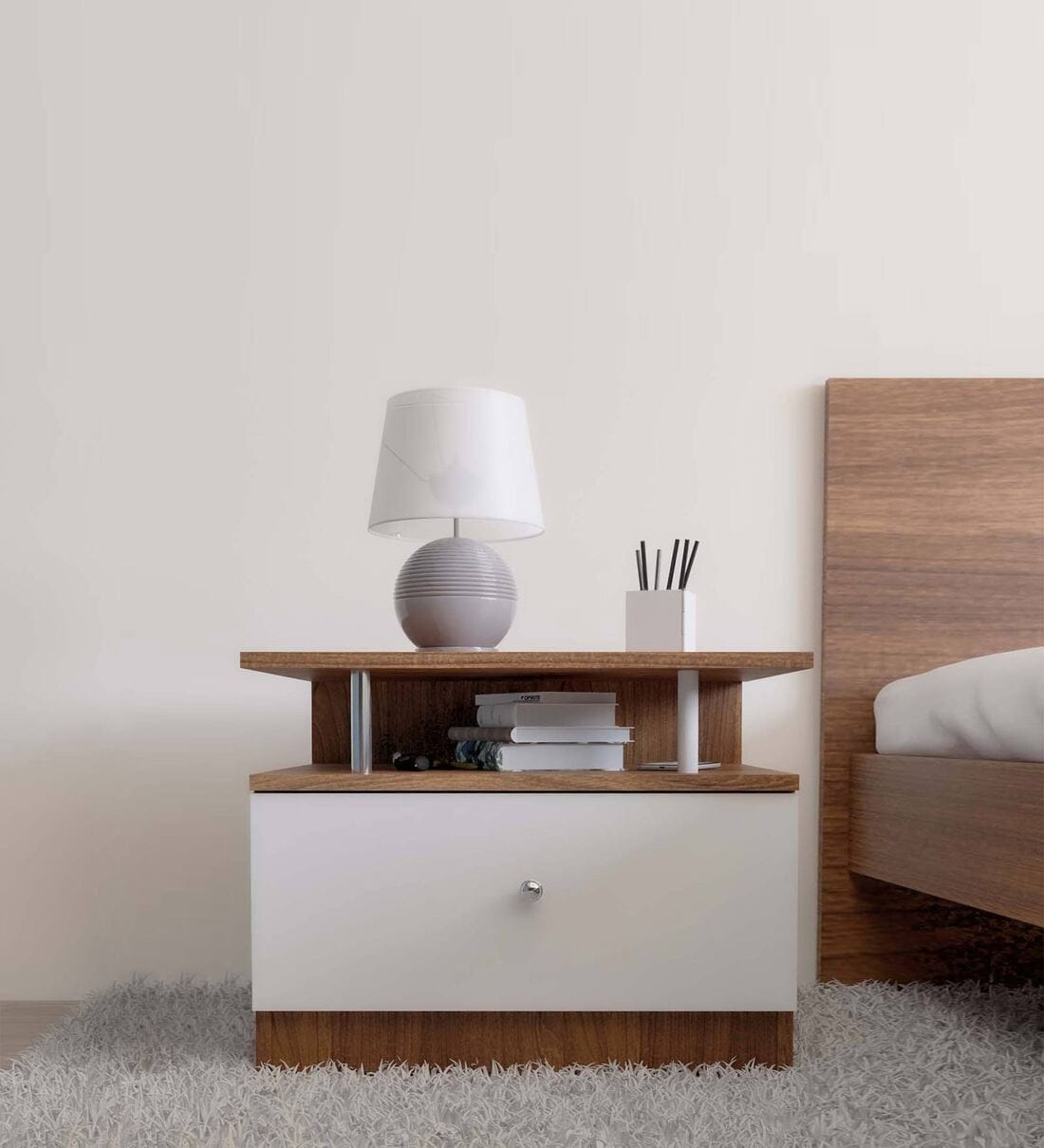 Buy Pico Bedside Table in Teak Finish with Drawer by Neudot Online