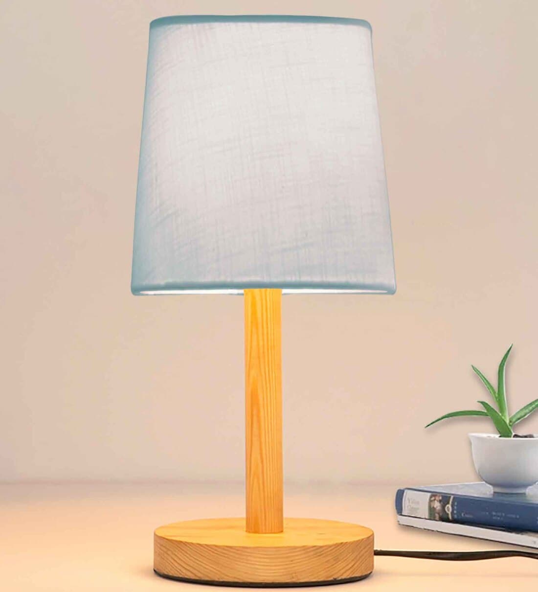 Pinewood Table Lamps for Nightstand, Fabric Linen Lampshade Desk Lamp