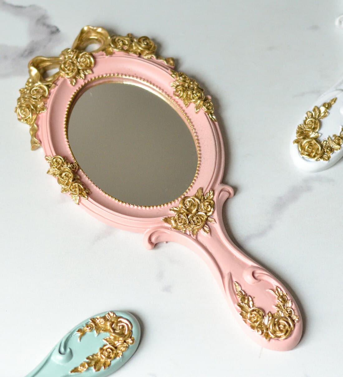 Buy Pink & Gold Decorative Resin Hand Held Mirror by Nestasia Online Decorative Mirrors