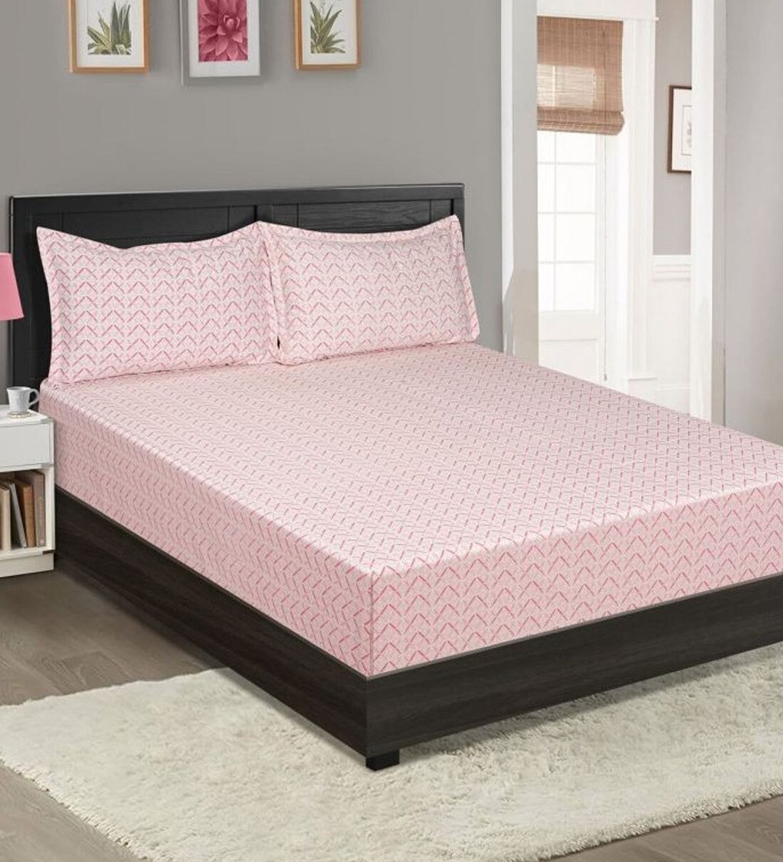 Buy Pink Geometric design 210 TC Cotton Fitted Double Bedsheet with 2