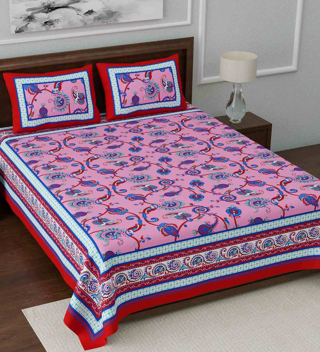 Buy Pink Floral 108 TC Cotton King Sized Bed Sheets with 2 Pillow Covers by Poorak Online