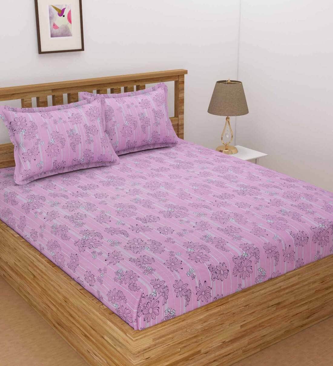 Buy Pink Floral 160 TC Poly Cotton Single Bed Sized Bed Sheets With 1