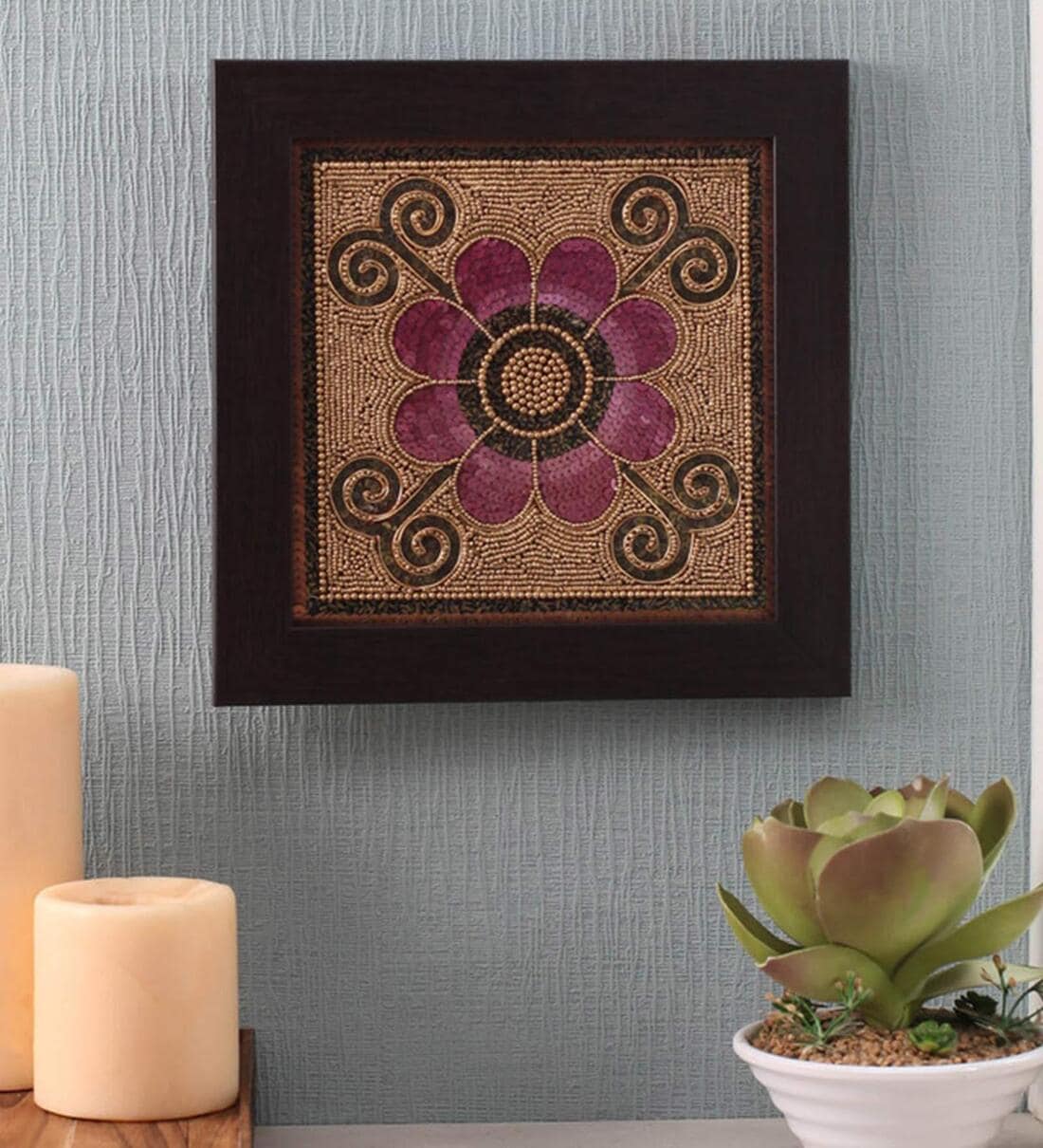 Buy Pink Beads on Canvas Board 11 x 0.5 x 11 Inch Flower Framed Wall Art by ClasiCraft Online