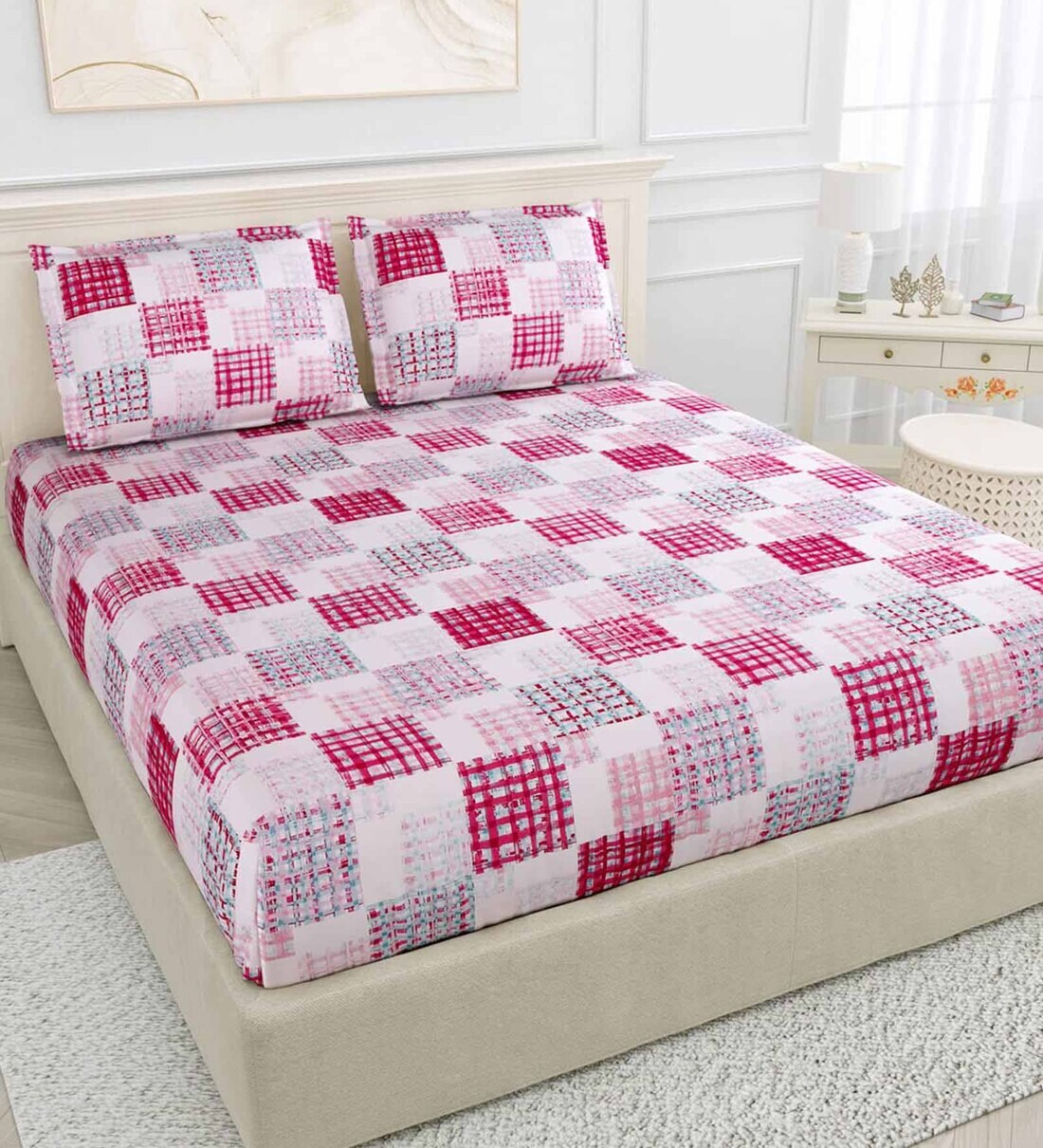 Buy Pink Checkered 144 TC Cotton King Sized Bed Sheets with 2 Pillow Covers by Bombay Dyeing at